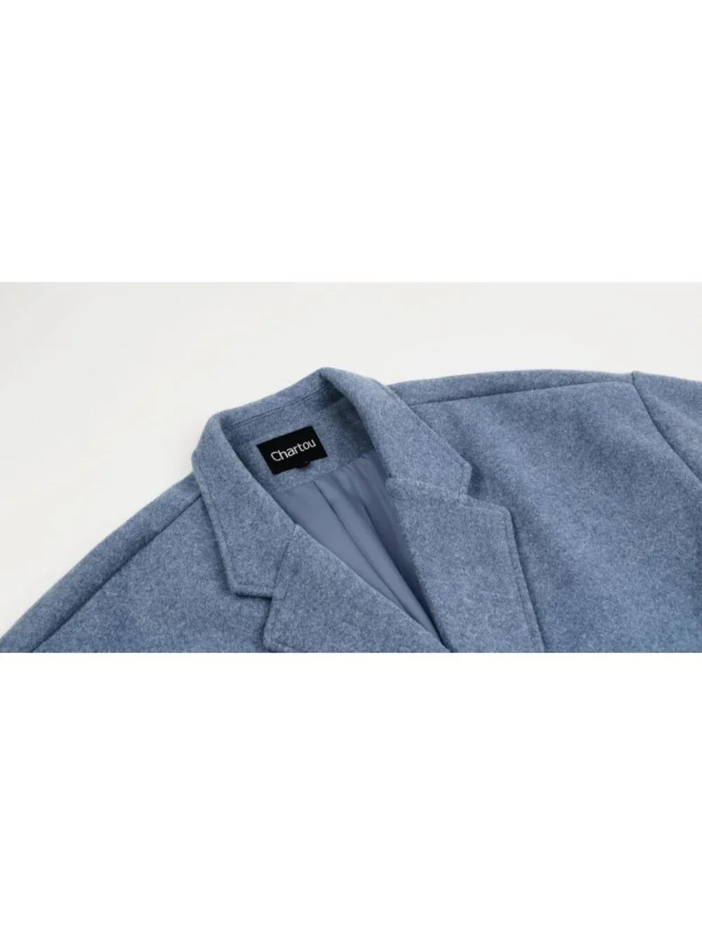 Women's Blue Notched Collar Wool Blend Single Breast Midi Long Trench Coat